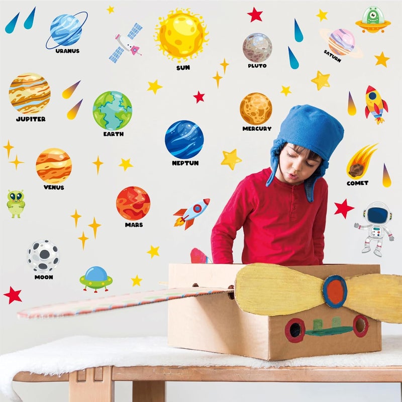 CharmFlo Outer Space Wall Decals 4 Sheets 58 Pcs Planets, Rocket & Astronaut Wall Stickers Removable Nursery Decor for Kids Bedroom, Playroom, Classroom Peel & Stick Space Theme Decals for Boys Girls - Image 2